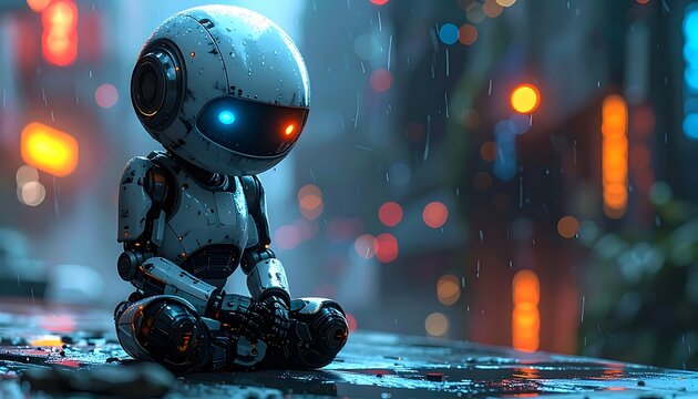 A small robot sits alone on a wet surface in a city