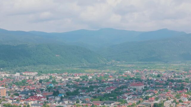 Aerial Panorama of Khust Town with Carpathian Mountains, Ukraine