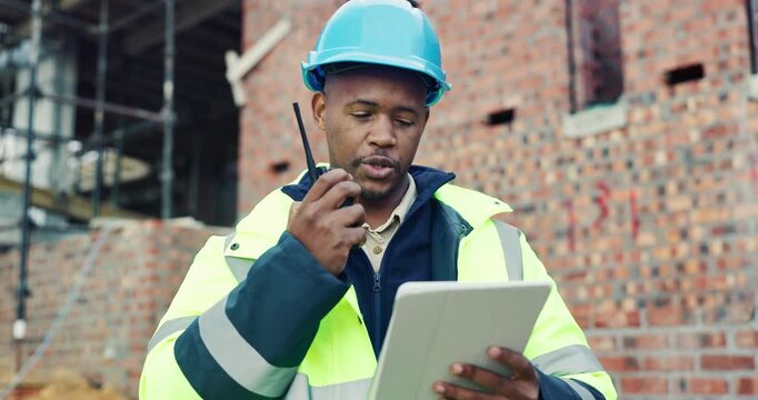 Construction, tablet or black man on site with radio, task brief or inspection update in chat. Industrial, space or engineer with tech, progress report or project coordination in communication.