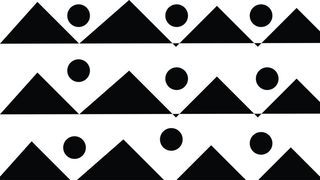 Repeating geometric pattern of black triangles and circles resembling stylized mountains with suns illustration