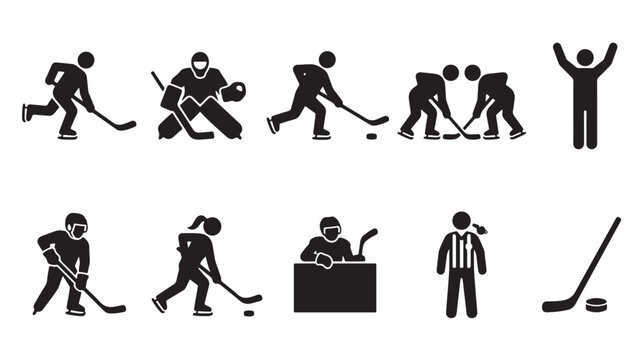 Hockey, ice hockey, sports icons, 11 silhouette graphics, EPS vector set