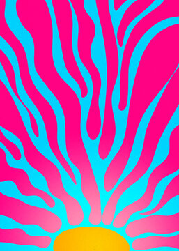 Vibrant psychedelic retro sunburst illustration with flowing lines