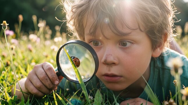 Curious child explores insect with magnifying glass in sunny green grass field.