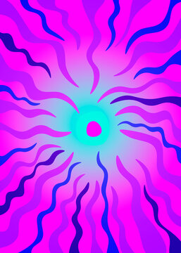 Abstract psychedelic sunburst background with neon wave pattern