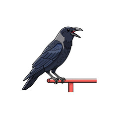 Obraz premium Cawing Black Crow Perched on Red Bar