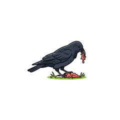 Obraz premium Cartoon Black Crow Scavenging Raw Meat