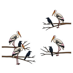 Obraz premium Storks and Crows Perched on Branches Illustration