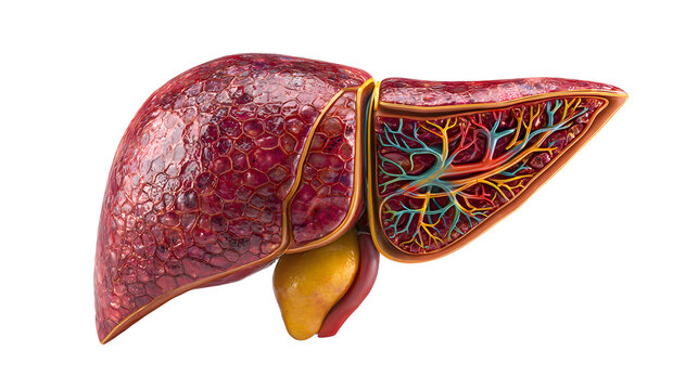Detailed human liver with gallbladder anatomy, 3D medical illustration s, educational model style, clean white background
