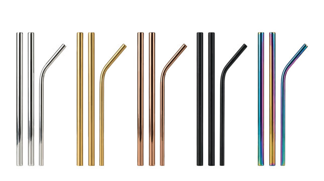 A set of colorful metal drinking straw vector illustration featuring straight and bent polished designs