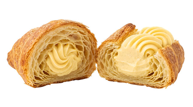 Delicious golden brown buttery croissant cut into two halves revealing a rich smooth vanilla custard cream filling inside with flaky layers captured in high resolution against a clean white background