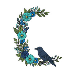 Obraz premium Crow Perched on Teal Floral Crescent Moon