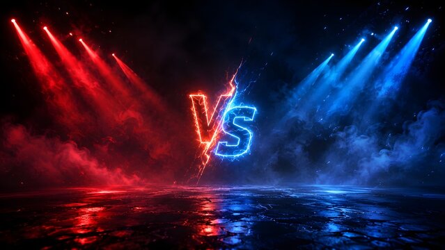 Red and blue versus battle background with dramatic light spotlight.
