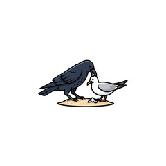 Obraz premium Cartoon Crow and Seagull Interacting on Sand