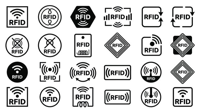 A collection of black vector illustration icons representing rfid technology symbols for modern digital security