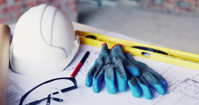 Construction, gloves or tools with helmet on table for development, layout or floor plan. Infrastructure documents, architecture or safety ppe, engineering drawing or building blueprint at empty site