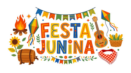 Festa junina greeting design with vibrant folk elements and symbols © Iconesia Studio