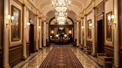 Obraz premium Luxurious Grand Hallway of an Elegant Hotel Interior