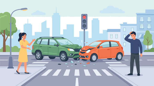 Flat vector illustration showing two damaged cars involved in a stressful vehicle collision at intersection