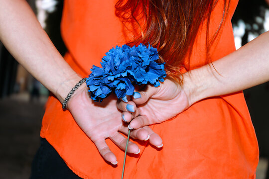 Hands hiding a blue carnation behind back for Feria de Abril
