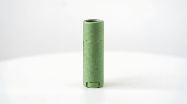 Single green cylindrical battery standing upright on white background minimalist product photography