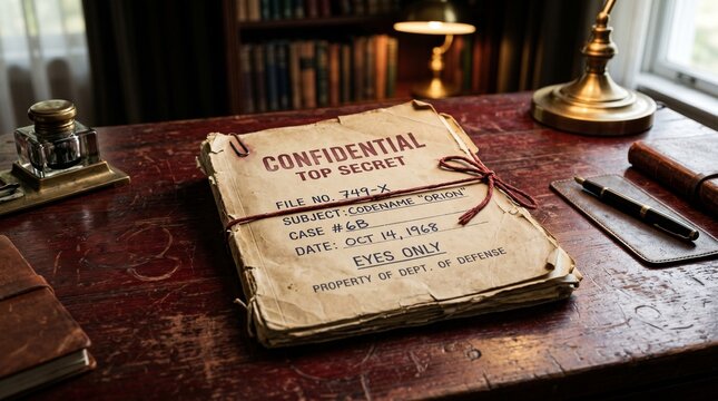 Vintage confidential file folder on dark wooden  red  desk 8k realistic portrait 