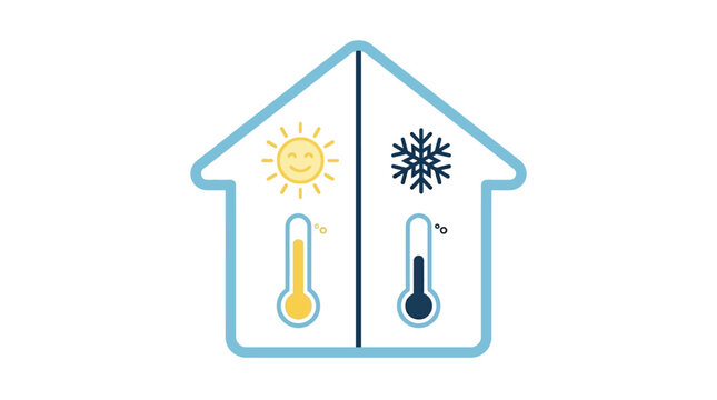 Minimalist vector illustration showing a split house icon representing indoor climate control and thermal regulation