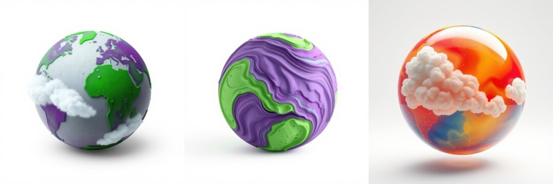 Three spherical planet depictions. Each shows landmasses, clouds, differing color schemes. Glossy surfaces reflect light, creating visual interest.