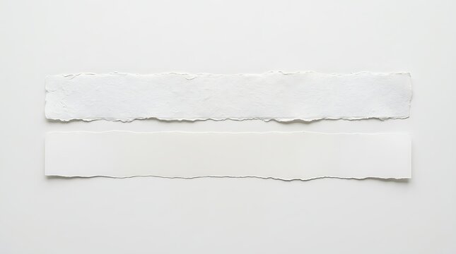 Two torn white paper strips with rough edges placed parallel on a plain surface