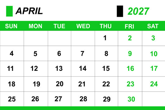 April 2027 calendar month grid with numbered days and weekdays in clean minimalist design