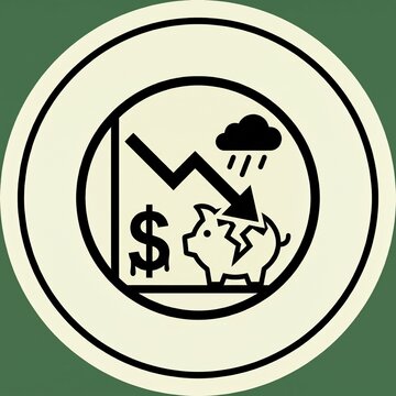 ​Economic depression and financial crisis icon. Flat line art badge of decreasing stock market arrow breaking piggy bank with dollar sign and rain cloud, bankruptcy concept vector illustration.
