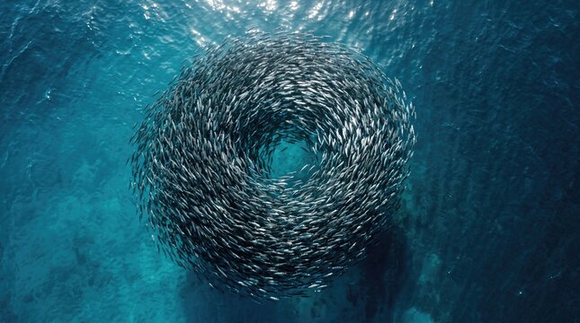 Sardine bait ball forming a circular vortex underwater, massive school of fish in deep blue ocean, marine life swimming in synchronized spiral formation
