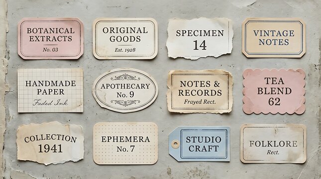 Vintage paper labels with apothecary botanical and specimen themes arranged in a creative collage setup
