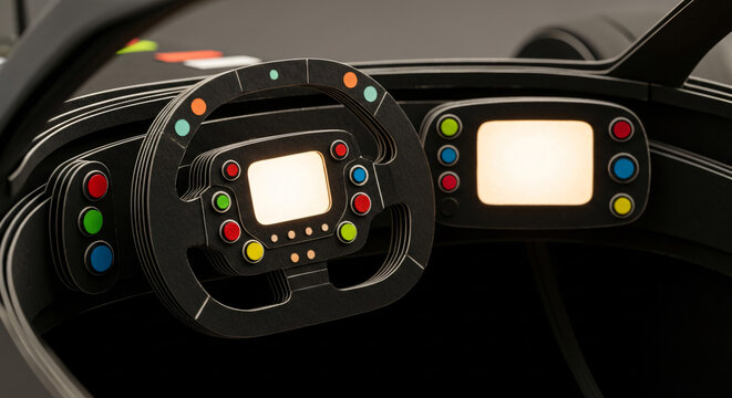 Futuristic cardboard racing car cockpit with illuminated displays
