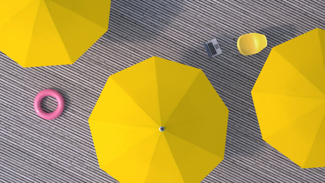 Three yellow sunshades, chair, floating tire and a laptop on wooden terrace, 3D Rendering