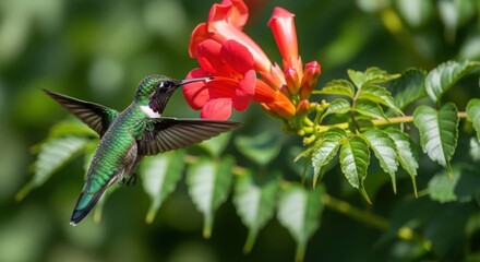 Obraz premium Hummingbird feeding on red flower with lush green leaves surrounding vibrant blooms. Hummingbird exhibits swift movements while sipping nectar from beautiful flowers.