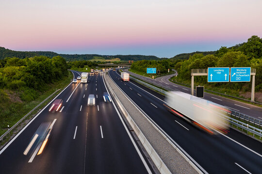View to a motorway at sunset, Leonberg, Germany