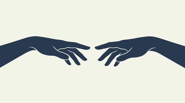 A conceptual flat vector illustration showing two silhouettes of hands reaching out towards each other but not touching. A simple, poignant symbol of connection or greeting. Minimalist, profound, symm