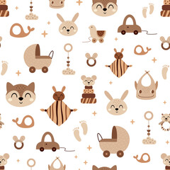 Fototapeta premium Nursery seamless pattern with cute animals and baby toys. Newborn baby background. Kids cartoon vector ilustration.