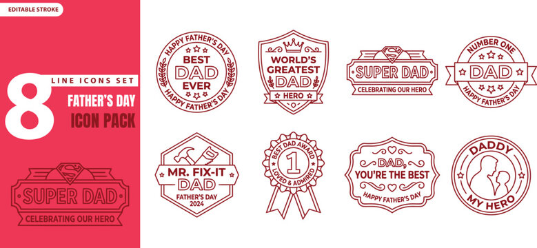 Fathers day icon set with badges and superhero themes silhouette