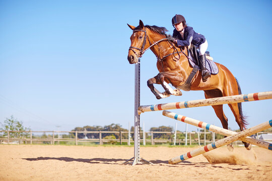 Young woman on horse crossing obstacle on course