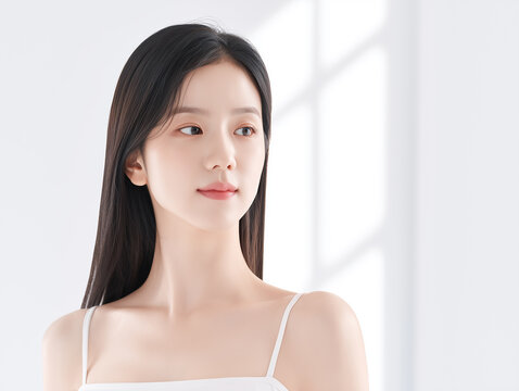 Asian Female model for cosmetic advertising. Beauty skin woman with bare shoulder on white background.