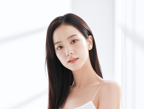 Asian Female model for cosmetic advertising. Beauty skin woman with bare shoulder on white background.