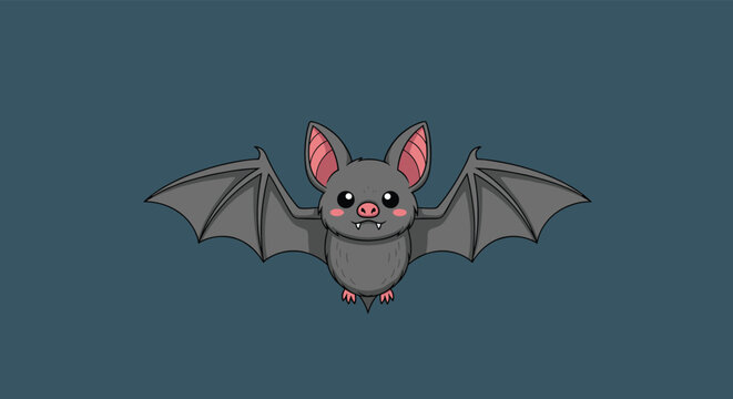 Cute grey bat character with large wings and tiny fangs is shown flying against a dark teal blue solid color background.