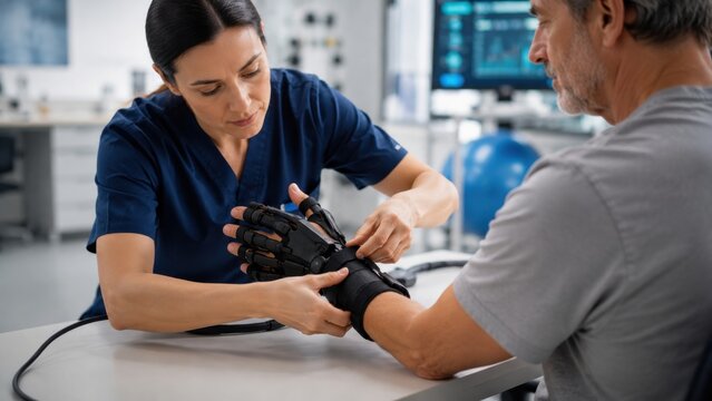 Health professional assists patient with robotic glove in rehabilitation clinic during a therapy session focused on hand movement improvement