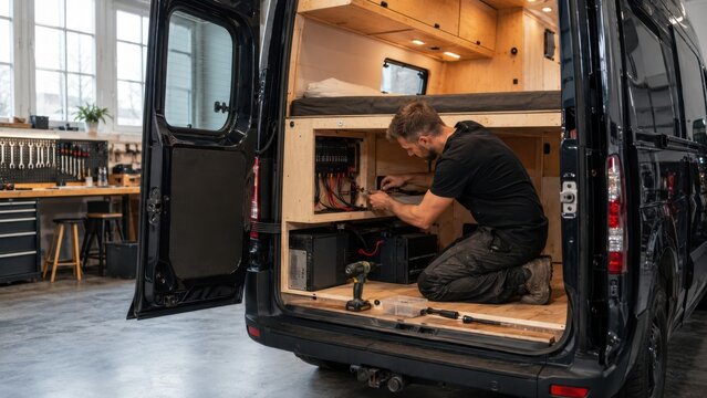 Man works on electrical system in the back of a black van inside a workshop during daytime