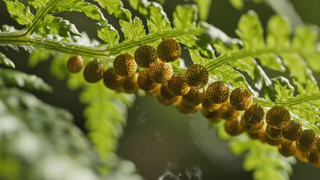 Close up macro view of brown round fern sporangia clusters growing on the underside of a lush green leaf in a forest habitat during springtime