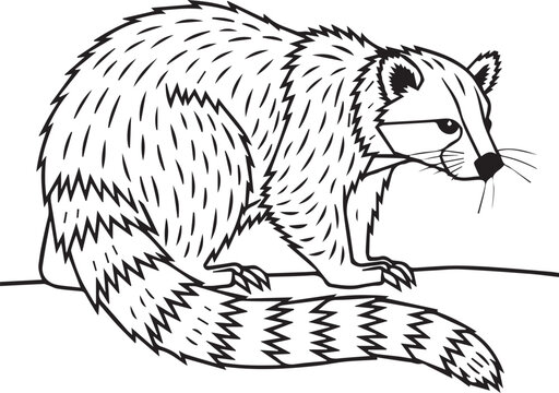 Raccoon Crouching With Bushy Ringed Tail And Masked Face Line Art