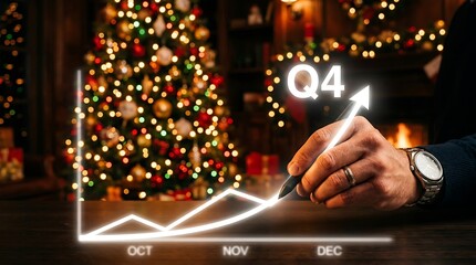 Q4 financial growth chart rising in cozy holiday setting with warm bokeh for end-of-year marketing