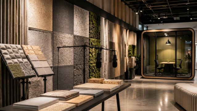 Interior design studio displays a variety of wall materials including stone, wood, and textile samples for clients in a modern setting during daylight hours