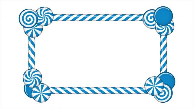 Candy cane frame with blue and white striped animation. Border with striped candy lollipop pattern. Winter ornament decoration. Winter holidays theme. 4K animation